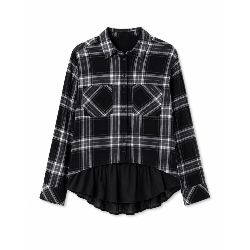 BEACH LUNCH LOUNGE Tartan Plaid Ruffle Peplum Button Down Shirt Top Blouse